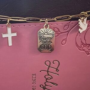 Bible/book chain w/gold and white faith inspired charms